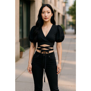 Cynthia‎ Rowley Luna Silk Taffeta Wrap Crop Puff Sleeve Top Black Size XS NWT